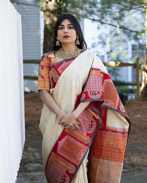 VastraLakshmi Nemesis Off White Soft Banarasi Silk Saree With Glittering Blouse Piece