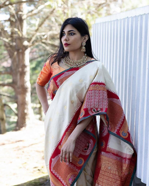 VastraLakshmi Nemesis Off White Soft Banarasi Silk Saree With Glittering Blouse Piece