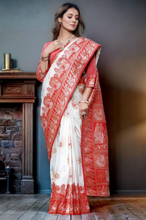 VastraLakshmi Precious White Soft Banarasi Silk Saree With Capricious Blouse Piece