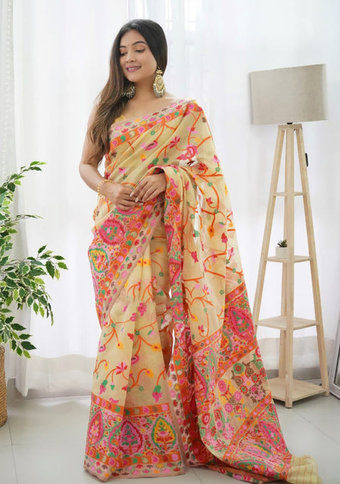 VastraLakshmi Classy Beige Pashmina saree With Gleaming Blouse Piece