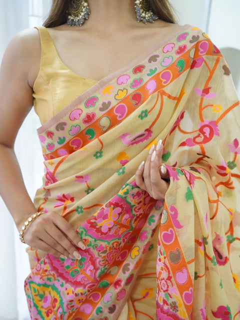 VastraLakshmi Classy Beige Pashmina saree With Gleaming Blouse Piece