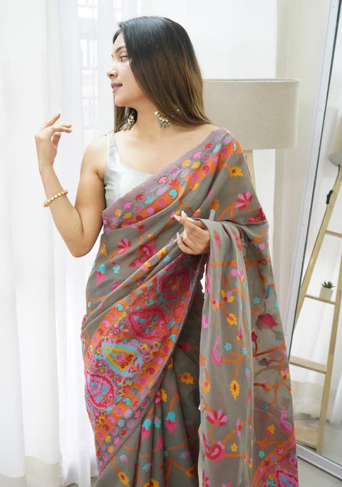 VastraLakshmi Sensational Grey Pashmina saree With Girlish Blouse Piece