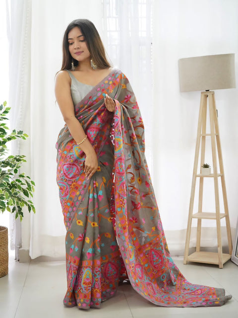 VastraLakshmi Sensational Grey Pashmina saree With Girlish Blouse Piece