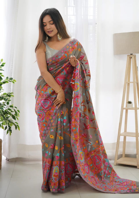 VastraLakshmi Sensational Grey Pashmina saree With Girlish Blouse Piece