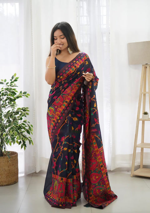 VastraLakshmi Beautiful Navy Blue Pashmina saree With Blooming Blouse Piece