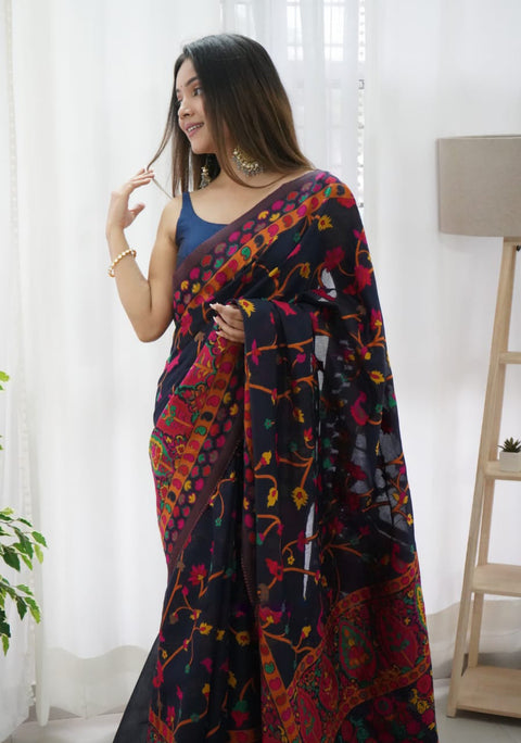 VastraLakshmi Beautiful Navy Blue Pashmina saree With Blooming Blouse Piece