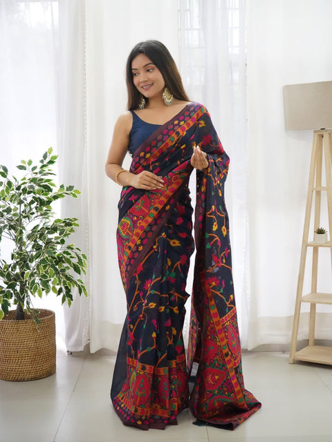 VastraLakshmi Beautiful Navy Blue Pashmina saree With Blooming Blouse Piece