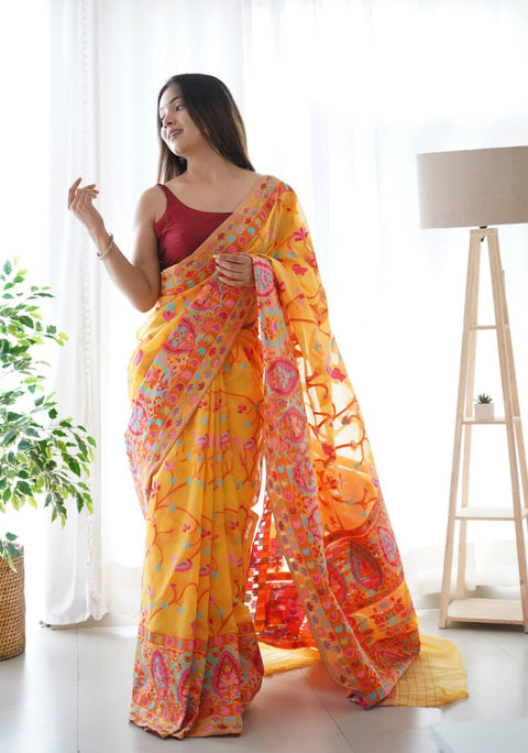 VastraLakshmi Divine Yellow Pashmina saree With Beleaguer Blouse Piece