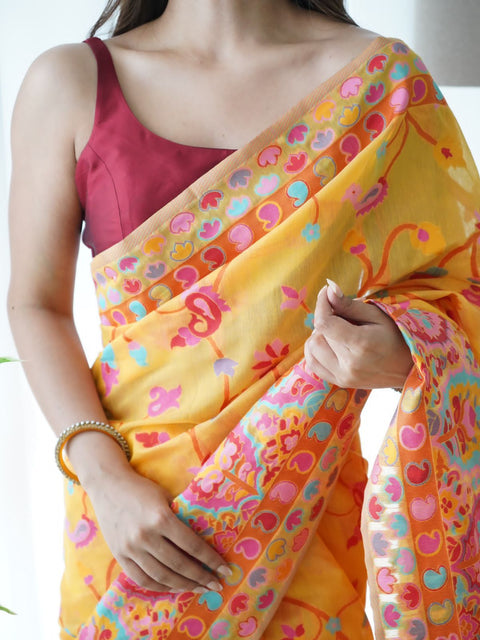 VastraLakshmi Divine Yellow Pashmina saree With Beleaguer Blouse Piece