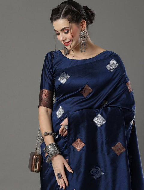 VastraLakshmi Symmetrical Navy Blue Soft Silk Saree With Splendorous Blouse Piece