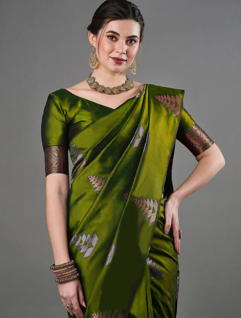 VastraLakshmi Glittering Mahndi Soft Silk Saree With Splendorous Blouse Piece