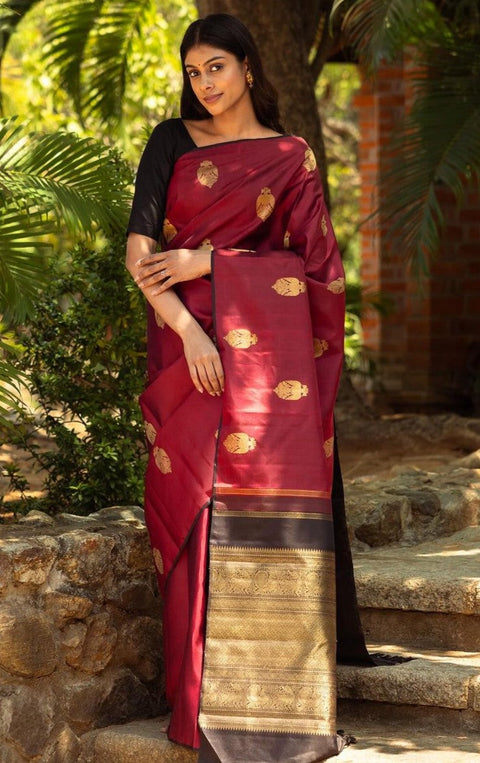 VastraLakshmi Exquisite Maroon Soft Silk Saree With Ailurophile Blouse Piece