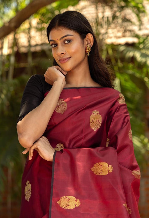 VastraLakshmi Exquisite Maroon Soft Silk Saree With Ailurophile Blouse Piece