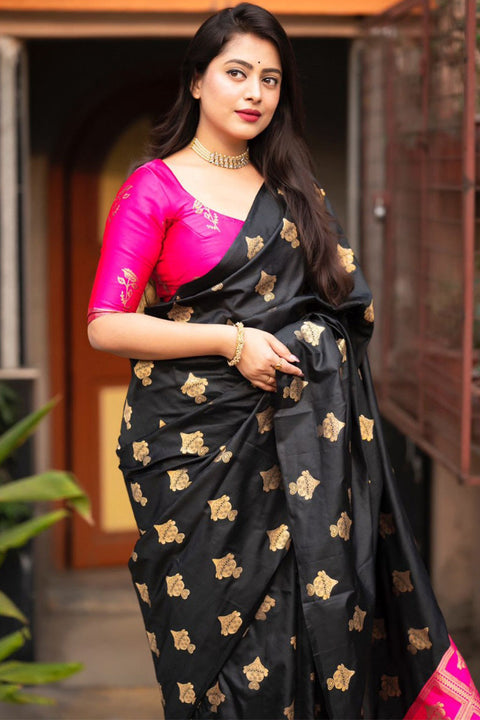 VastraLakshmi Epiphany Black and Dark Pink Soft Silk Saree With Snazzy Blouse Piece