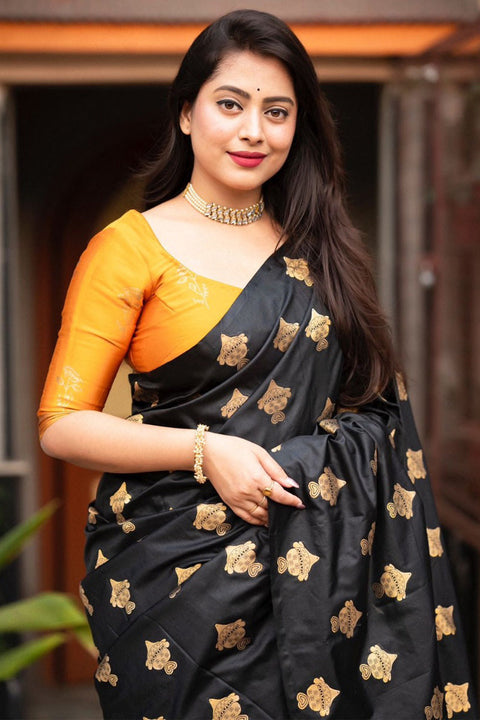 VastraLakshmi Winsome Black and Mustard Soft Silk Saree With Seraglio Blouse Piece