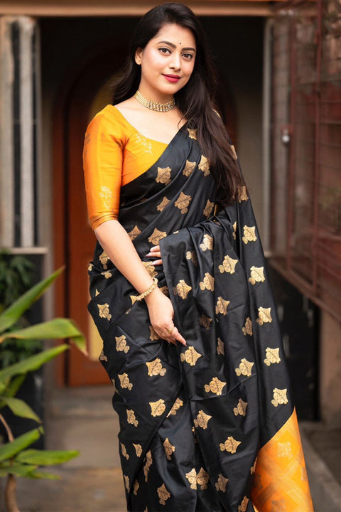 VastraLakshmi Winsome Black and Mustard Soft Silk Saree With Seraglio Blouse Piece