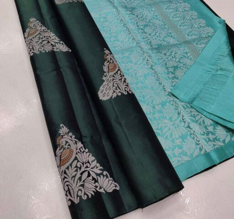 VastraLakshmi Ratatouille Green Soft Silk Saree With Petrichor Blouse Piece