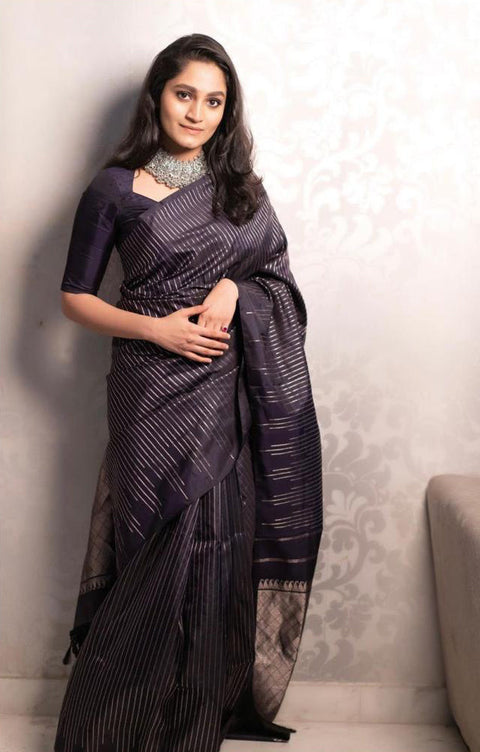 VastraLakshmi Gossamer Black Soft Silk Saree With Transcendent Blouse Piece