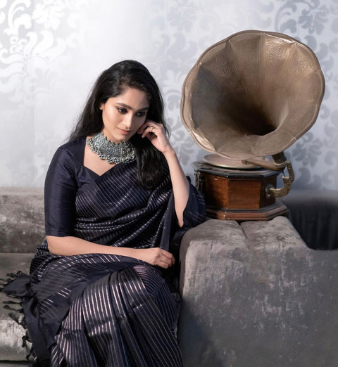 VastraLakshmi Gossamer Black Soft Silk Saree With Transcendent Blouse Piece