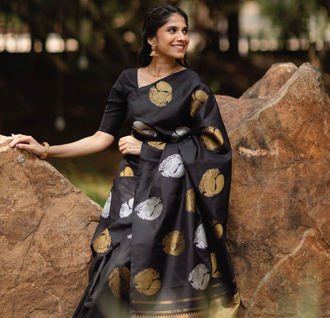 VastraLakshmi Desultory Black Soft Silk Saree With Dalliance Blouse Piece