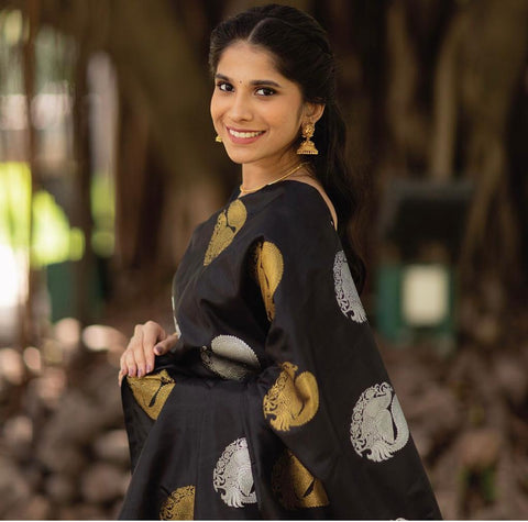 VastraLakshmi Desultory Black Soft Silk Saree With Dalliance Blouse Piece