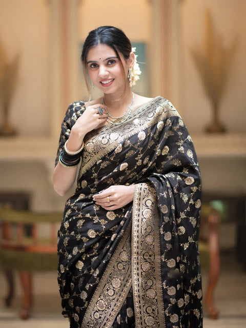 VastraLakshmi Captivating Black Soft Silk Saree With Jazzy Blouse Piece