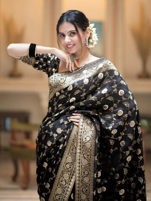 VastraLakshmi Captivating Black Soft Silk Saree With Jazzy Blouse Piece