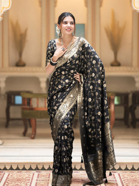 VastraLakshmi Captivating Black Soft Silk Saree With Jazzy Blouse Piece