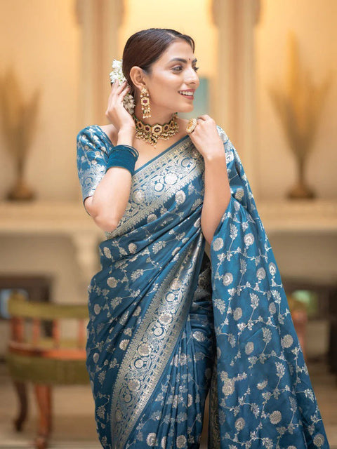 VastraLakshmi Gorgeous Firozi Soft Silk Saree With Sophisticated Blouse Piece