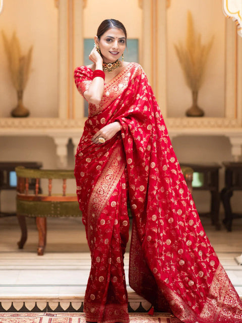 VastraLakshmi Desiring Red Soft Silk Saree With Engrossing Blouse Piece