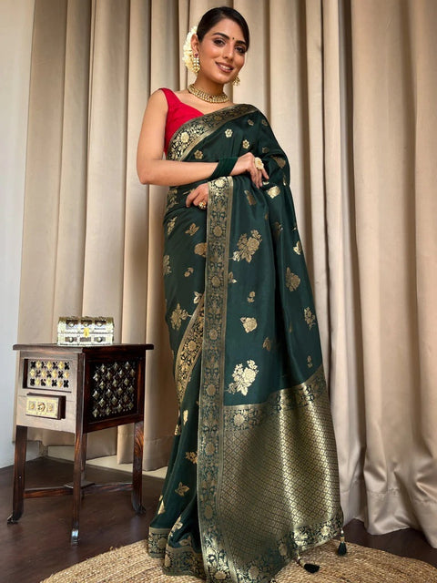 VastraLakshmi Classy Dark Green Soft Silk Saree With Elegant Blouse Piece