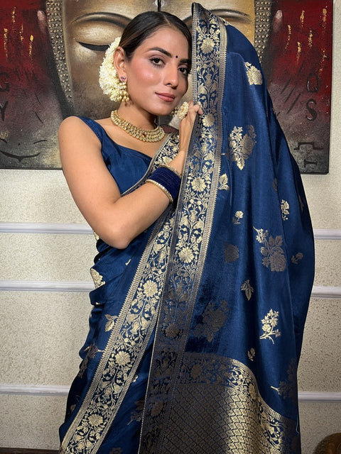 VastraLakshmi Opulent Navy Blue Soft Silk Saree With Exquisite Blouse Piece