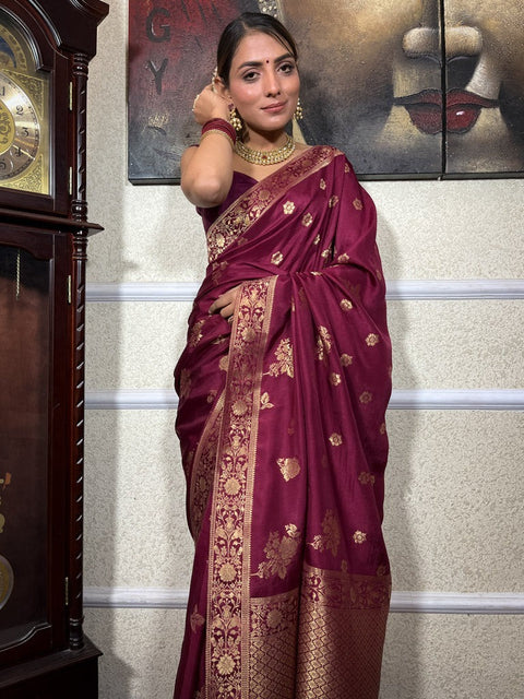 VastraLakshmi Demure Wine Soft Silk Saree With Diaphanous Blouse Piece