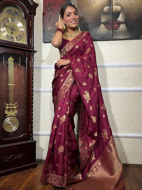 VastraLakshmi Demure Wine Soft Silk Saree With Diaphanous Blouse Piece