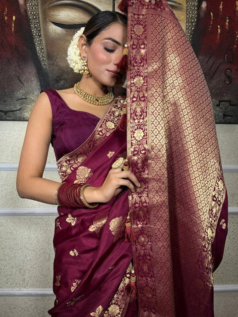 VastraLakshmi Demure Wine Soft Silk Saree With Diaphanous Blouse Piece