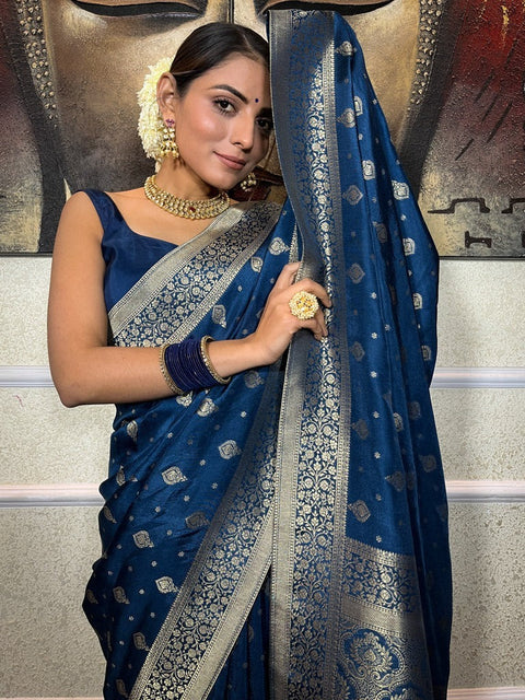 VastraLakshmi Inspiring Navy Blue Soft Silk Saree With Bewitching Blouse Piece