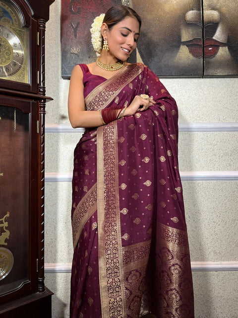 VastraLakshmi Murmurous Wine Soft Silk Saree With Seraglio Blouse Piece