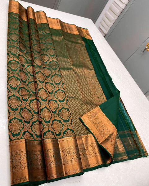 VastraLakshmi Palimpsest Dark Green Soft Silk Saree With Delectable Blouse Piece