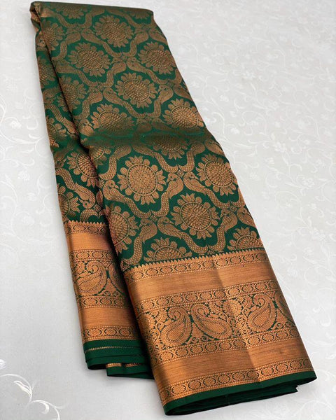 VastraLakshmi Palimpsest Dark Green Soft Silk Saree With Delectable Blouse Piece