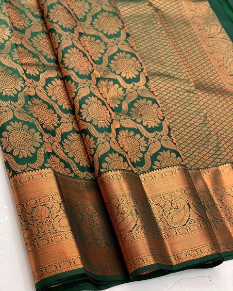 VastraLakshmi Palimpsest Dark Green Soft Silk Saree With Delectable Blouse Piece