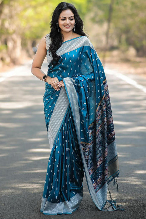 VastraLakshmi Adoring Teal Blue Cotton Silk Saree With Divine Blouse Piece