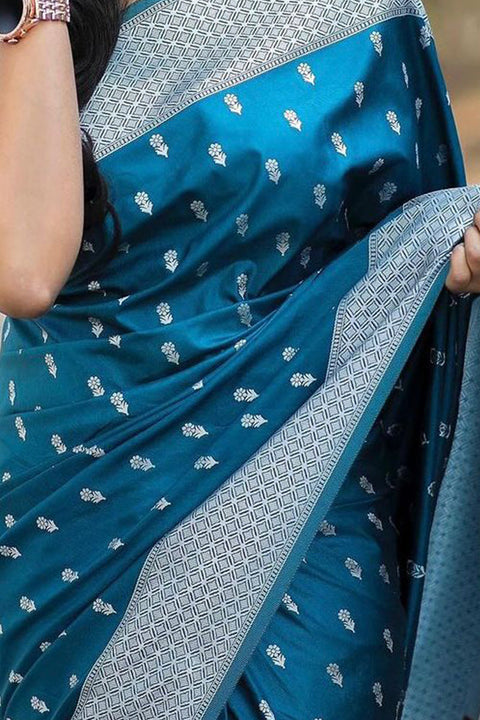 VastraLakshmi Adoring Teal Blue Cotton Silk Saree With Divine Blouse Piece