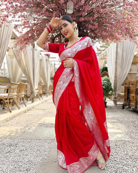 VastraLakshmi Stylish Red Soft Silk Saree With Hypnotic Blouse Piece