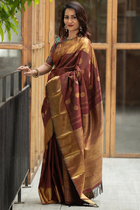 VastraLakshmi Energetic Brown Soft Silk Saree With Innovative Blouse Piece