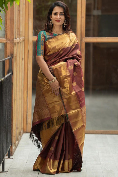 VastraLakshmi Energetic Brown Soft Silk Saree With Innovative Blouse Piece