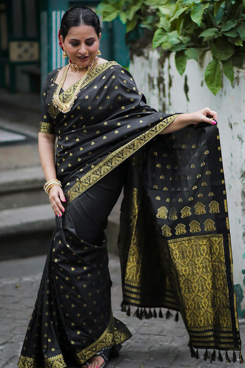 VastraLakshmi Unique Black Soft Silk Saree With Flaunt Blouse Piece