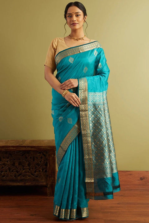 VastraLakshmi Alluring Firozi Soft Silk Saree With Classy Blouse Piece