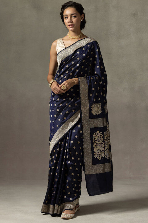 VastraLakshmi Lissome Navy Blue Soft Silk Saree With Engaging Blouse Piece