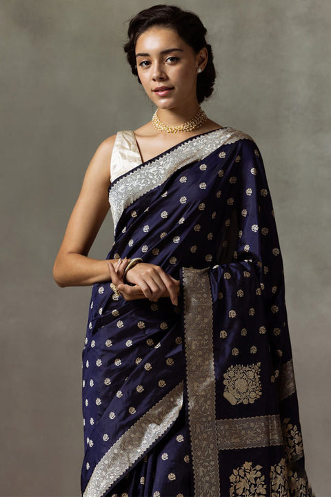 VastraLakshmi Lissome Navy Blue Soft Silk Saree With Engaging Blouse Piece