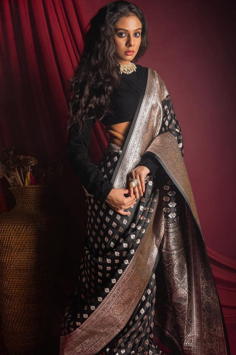 VastraLakshmi Elegant Black Soft Silk Saree With Pretty Blouse Piece